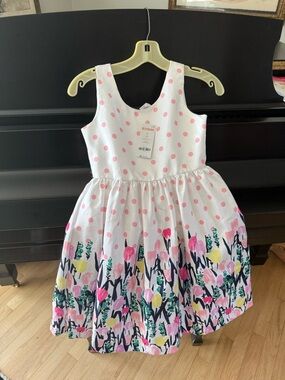 Gymboree White and Pink Polka Dot Floral Border Dress